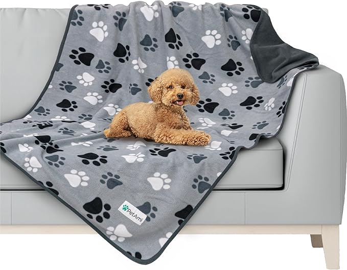 PetAmi Waterproof Dog Blanket for Medium Large Dog, Pet Puppy Blanket Couch Cover Protection, Fleece Cat Washable Throw, Couch Sofa Furniture Protector, Reversible Soft Plush, 40x60 Paw Print Gray