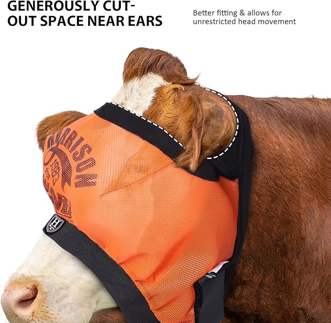 Harrison Howard Cattle Livestock Fly Mask Breathable Mesh Padded Edging with Fun Patterns Large Spacing Forelock Opening Design Adjustable Fit for Cattle Orange