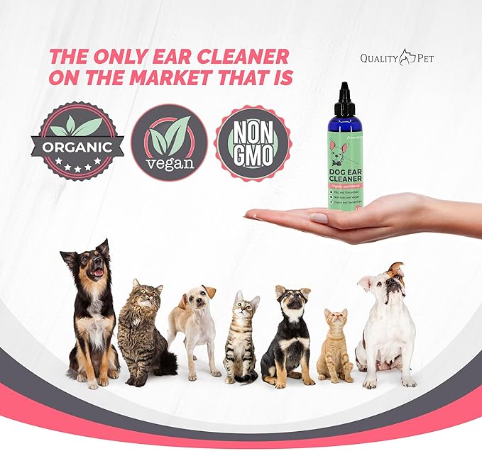 Dog Ear Cleaner Solution - Organic & Natural Ear Cleaning Drops with Aloe, Vitamin E, Coconut Oil & Witch Hazel for Cats and Dogs - Pet Ear Wash, Rinse & Cleanser to Relieve Itchy Ears