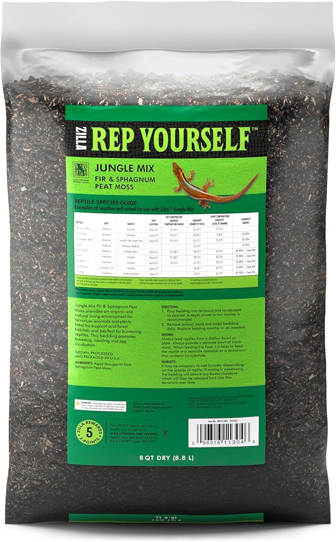 Zilla Pet Reptile Terrarium Substrate Bedding, Jungle Mix, for Frogs, Rainforest Geckos, Toads and Snakes, 8 Quart