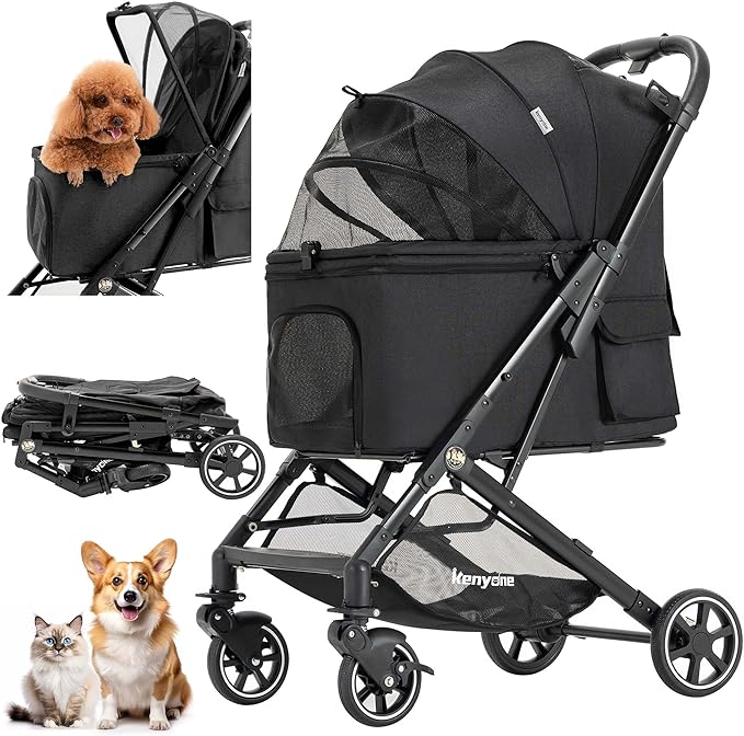 Kenyone Pet Stroller for Small to Medium Dogs Durable Cat Stroller with Lightweight Aluminum Frame, One-Click Folding, No Zip Entry, PU Wheels, Multiple Pockets(Black)