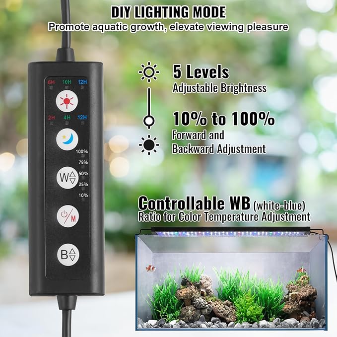 VEVOR Aquarium Light, 14W Full Spectrum Fish Tank Light with 5 Levels Adjustable Brightness, Adjustable Timer and Power-Off Memory, with ABS Shell Extendable Brackets for 18"-24" Freshwater Fish Tank