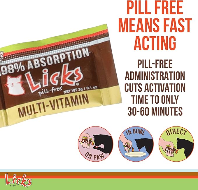 Licks Pill-Free Cat Multivitamin - Cat Supplement with Vitamin C, D, and Calcium - Multivitamin Pet Supplies - Gel Packets - 30 Use