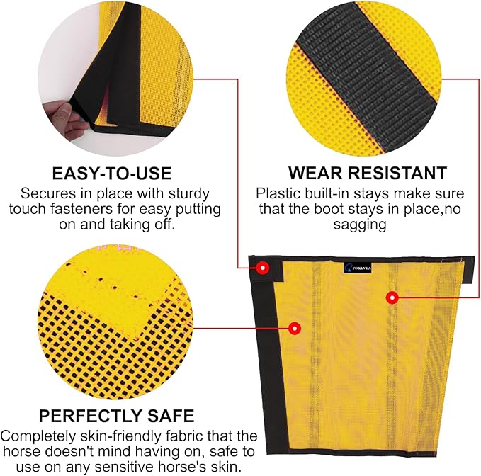 Horse Fly Boots, Adjustable Fly Boots for Horses Set of 4, Comfortable Horse Leggings, Breathable Plastic Mesh Material, Horse Supplies for Reduces Stress & Leg Fatigue (Yellow)