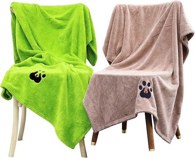 Extra Large Dog Towels for Drying Dogs - Pack of 2 - Super Absorbent Soft Microfiber Pet Bath Grooming Towel for Dogs and Cats & Other Pets (XL-55" * 36", Green and Brown)
