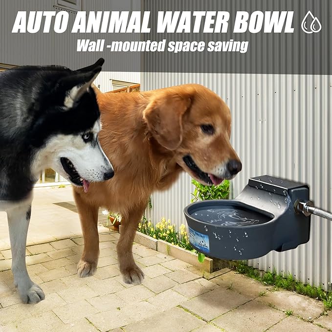 67OZ Automatic Dog Water Bowl Wall-Mounted, Patented, Saving-Space Dog Water Bowl Dispenser, Auto Dog Water Dispenser, Outdoor Pet Water Bowl Include Metal Fixed Parts Adapter 5ft Water Hose