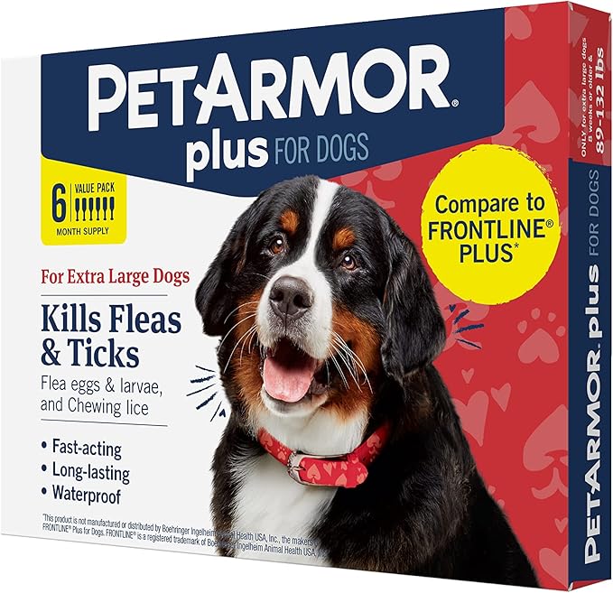 PetArmor Plus Flea and Tick Prevention for Dogs, Dog Flea and Tick Treatment, 6 Doses, Waterproof Topical, Fast Acting, X-Large Dogs (89-132 lbs)
