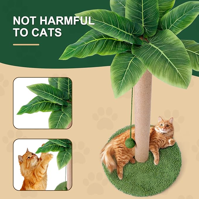 Odoland Cat Scratching Post - Indoor 33 inch Palm Tree Sisal Scratch Posts with Dangling Balls for Kitten and Large Cat - Vertical Scratcher Cute Cat Scratching Post Fun Cat Toy Green