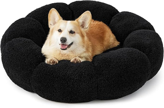 Lesure Calming Large Dog Bed - Flower Donut Round Fluffy Puppy Bed in Plush Teddy Sherpa, Non-Slip Cute Flower Dog Beds, Large Pet Bed Fits up to 100 lbs, Machine Washable, Black 36"