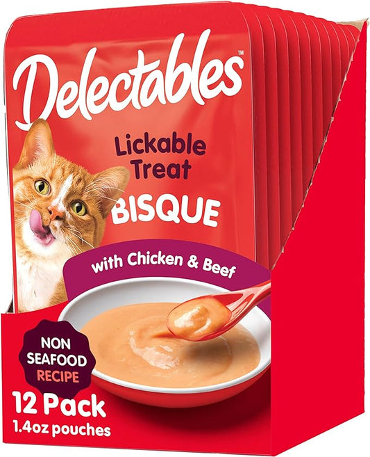 Hartz Delectables Bisque Non-Seafood Chicken & Beef Lickable Wet Cat Treats, 12 Count , 1.40 Ounce (Pack of 12)