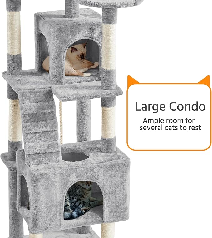 Yaheetech XL Cat Tree, 72in Multi-Level Cat Tower with 2 Cozy Caves, 3 Soft Perches, Scratching Posts, Board, and Dangling Ball, Cat Furniture Cat Play House Kittens, Light Gray