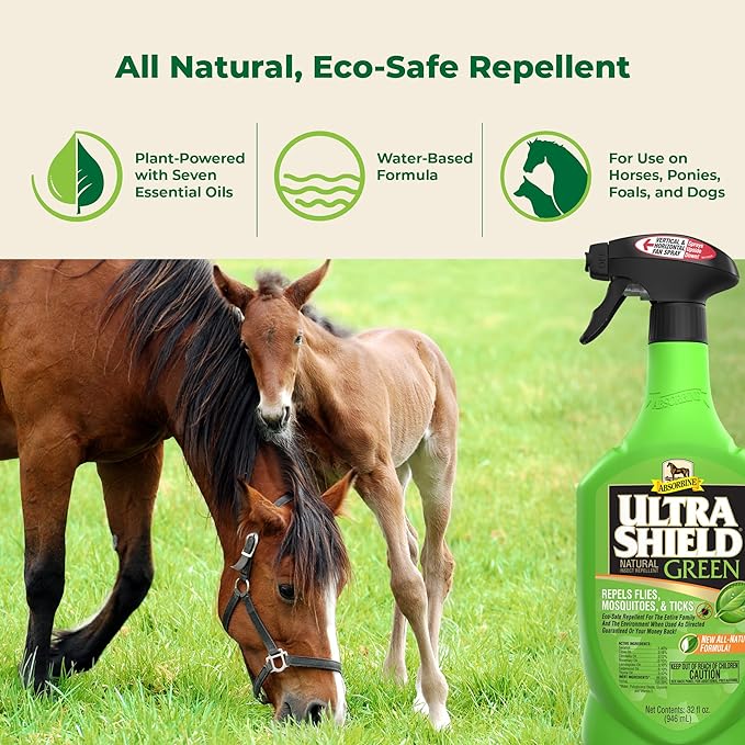 Absorbine UltraShield Green All-Natural Fly & Insect Repellent for Horses & Dogs, Essential Oils Repel & Control, 32oz Spray Bottle