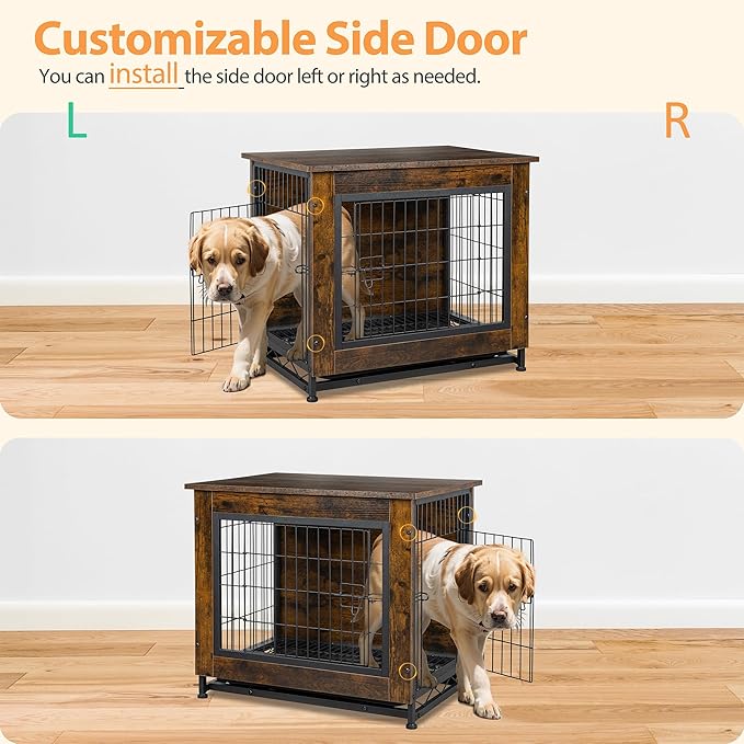 Shintenchi Wooden Dog Crate Furniture, Double-Doors Kennel Indoor with Removable Tray, End Table Dog Crate for Decoration, 27" L*20" W*24" H, Vintage Brown