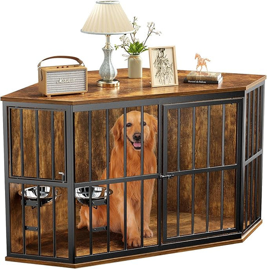 53 inch Furniture Dog Crate Corner, Dog Kennel Corner Wooden End Table with Bowl, Indoor Pet Crates Corner Side Table for Dogs, Wide Top Perfect for Limited Room