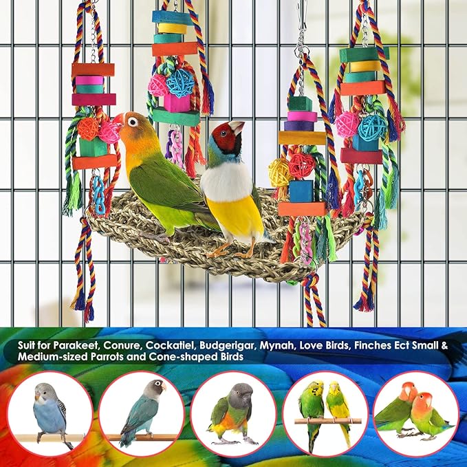 KATUMO Bird Toys, Bird Foraging Wall Toy Large Size Seagrass Woven Climbing Hammock Swing Mat with Colorful Chewing Toys for Lovebird, Parakeet, Budgie, Conure, Cockatiel, Small Birds