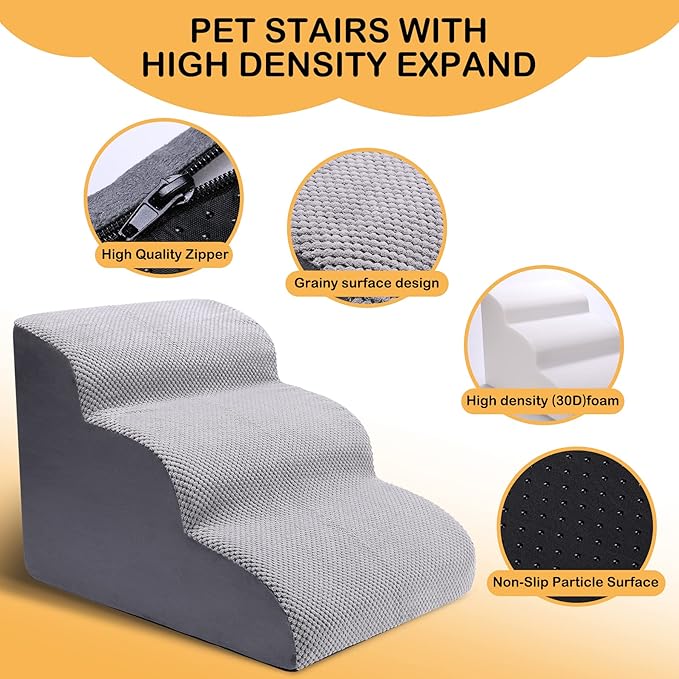 3 Tier Dog Ramp for Couch, Non-Slip Pet Stairs, Extra Wide Deep Dog Steps, 15.7" High Sofa Foam Dog Stairs/Puppy Stairs/Dog Ladder - Best for Small Pets, Older Dogs, Cats with Joint Pain