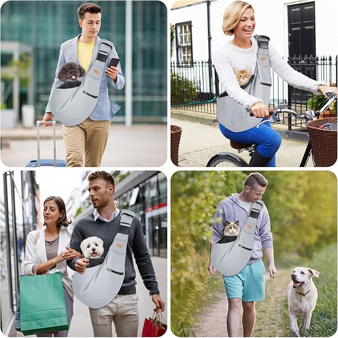 CUBY Dog and Cat Sling Carrier - Hands Free Reversible Pet Papoose Bag - Soft Pouch and Tote Design - Suitable for Puppy, Small Dogs Cats Outdoor (Grey Senior, Adjust Strap 2.0)