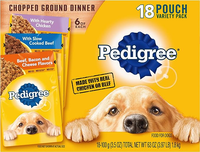 PEDIGREE CHOPPED GROUND DINNER Adult Soft Wet Dog Food Variety Pack, 3.5 Ounce (Pack of 18)