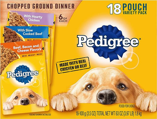 PEDIGREE CHOPPED GROUND DINNER Adult Soft Wet Dog Food Variety Pack, 3.5 Ounce (Pack of 18)