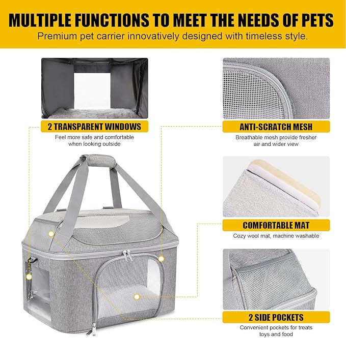 Large Cat Carrier for 2 Cats, Oeko-TEX Certified Soft Side Pet Carrier for Cat, Small Dog, Collapsible Travel Small Dog Carrier, TSA Airline Approved Cat Carrier for Kitten Cats 20 lbs-Gray