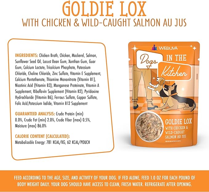 Weruva Dogs in The Kitchen, Goldie Lox with Chicken & Wild-Caught Salmon Wet Dog Food, 2.8oz Pouch (Pack of 12)