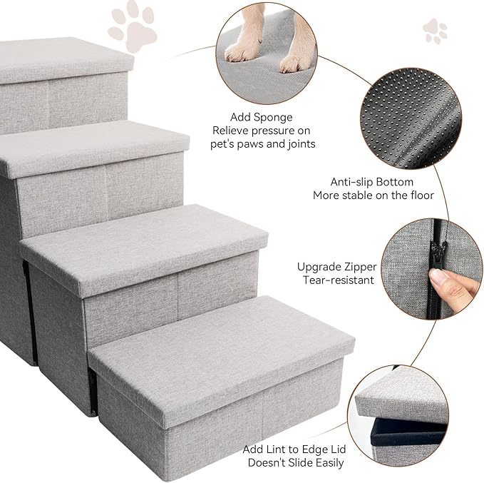 Dog Stairs, Dog Steps for High Beds 23" H, Folding Pet Stairs for Small Medium or Large Dogs Puppy with Storage for Bed and Couch, Dog Ramp for Car Hold Up to 200 lbs (Smok Grey, 4 Steps with Condo)