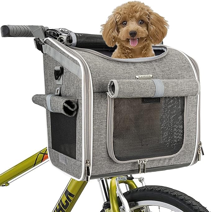 Dog Bike Basket, Expandable Soft-Sided Pet Carrier Backpack with 4 Open Doors, 4 Mesh Windows for Small Dog Cat Puppies - Grey