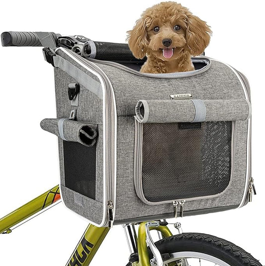 Dog Bike Basket, Expandable Soft-Sided Pet Carrier Backpack with 4 Open Doors, 4 Mesh Windows for Small Dog Cat Puppies - Grey