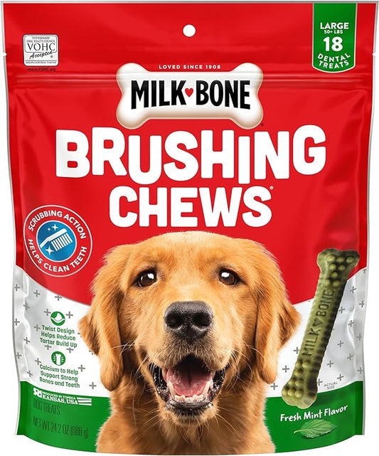 Milk-Bone Fresh Breath Brushing Chews, 18 Large Daily Dental Dog Treats Scrubbing Action Helps Clean Teeth