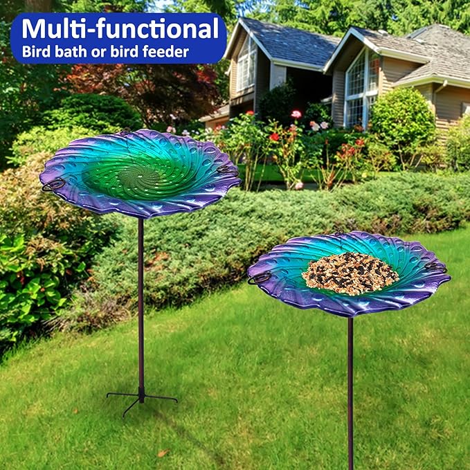 Bird Bath, Glass Bird Bath for Outside, Birdbaths for Outdoors Bird Feeders Bowl with Metal Stake, Water Flow Ripple Bird Baths Outdoor Décorations, Standing Small Birdbath Bowl for Outside-Colorful