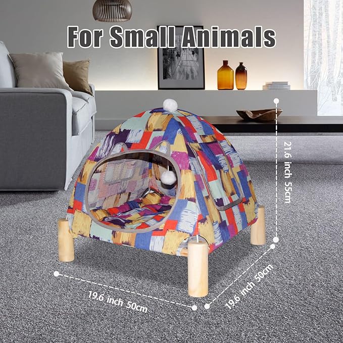 Pozico 2 in 1 Cat Bed Tent Wooden Frame Cat Teepee Cat Hammock, Quick Assembly and Disassembly, Portable Indoor/Outdoor Pet Dog Tent House for Cats Puppies Small Animals:Colorful Blocks Tent