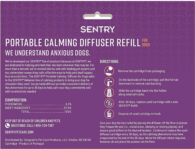 Sentry Behavior Portable Calming Diffuser Refill for Dogs, Reduces Stress and Bad Behavior with Calming Phereomones, Easy-to-use Portable Design, 60 Day Release