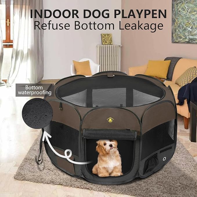 Pet Puppy Dog Playpen, Kitten Playpen Indoor/Outdoor, Portable Dog Play Pen Tent Crates Cage for Large Dog and Cat, Foldable Pop Up Dog Kennel Playpen with Waterproof Bottom & Top Cover, Brown