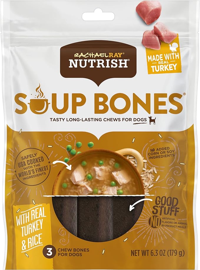 Rachael Ray Nutrish Soup Bones Dog Treats, Real Turkey & Rice Flavor, 3 Bones (Pack of 8)