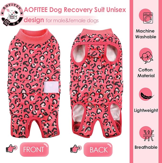 AOFITEE Dog Recovery Suit, Dog Surgical Recovery Suit for Female Dogs Male Dogs, Cozy Dog Onesie for Surgery, Cone E-Collar Alternative, Anti Licking Dog Surgical Shirt with Pee Hole, Pink Leopard S