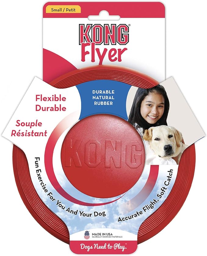 KONG Flyer - Durable Dog Toy for Outdoor Playtime - Natural Rubber Flying Disc, Dog Toy for Fetch - Safer Disc for Healthy Activity - for Small Dogs