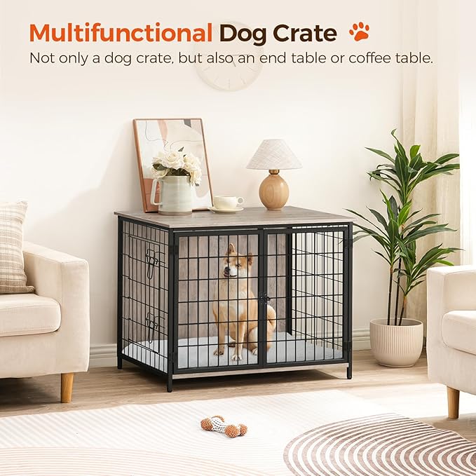 Dog Crate Furniture with Cushion, Wooden Dog Kennel with Double Doors, Heavy Duty Dog Cage for Small/Medium/Large Dogs, Indoor Dog House End Table, 31.5" L, Greige DCHG0701