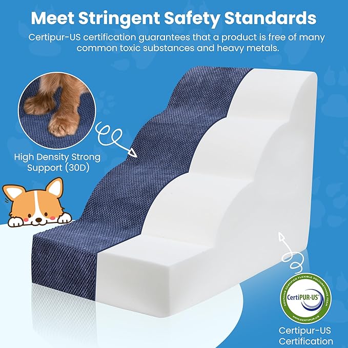 Dog Stairs 4 Steps, 19.6 inch High Pet Stairs, 30D Foam Dog Dtairs & Steps Curved Steps and Small Step Angle Protect Your Pet's Joints, Dog Steps for Small Dog, Dog Stairs to Bed, Blue
