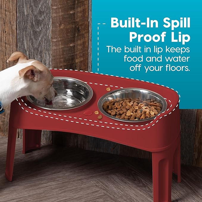 IRIS USA Elevated Dog Bowls, Adjustable Height, 2 Thick 64 oz Stainless Steel Bowls, Spill-Proof with Raised Outer Rim, Durable Made in USA Plastic, Easy Assemble, 2 Heights 4.63" or 12.25" Red