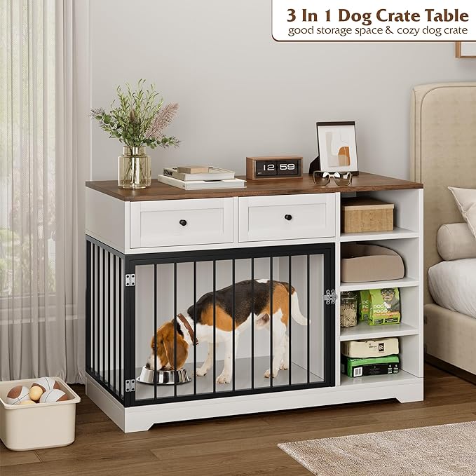 IDEALHOUSE Large Dog Crate Furniture, 47” Dog Crate with 2 Drawers and 4 Shelves, Heavy Duty Wooden Dog Crate, Decorative Dog Indoor Kennel Furniture Indoor with Storage, White