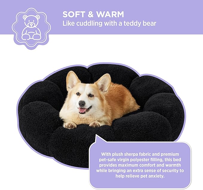 Lesure Calming Large Dog Bed - Flower Donut Round Fluffy Puppy Bed in Plush Teddy Sherpa, Non-Slip Cute Flower Dog Beds, Large Pet Bed Fits up to 100 lbs, Machine Washable, Black 36"
