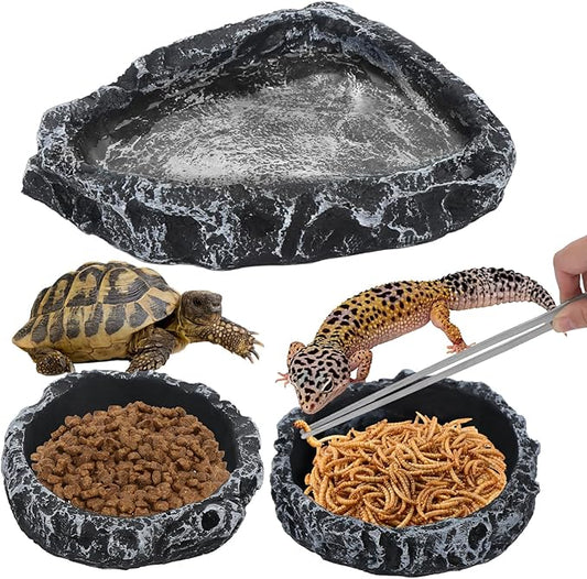 4 Pack Reptile Feeding Dish Reptile Food Water Bowl with Reptile Feeding Tongs Reptile Plate Dish for Feeding Tortoise Dragon Leopard Gecko Lizard, Black