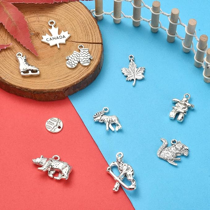 Stiesy 100 Pcs Canadian Themed Tibetan Alloy Charms Vintage Reindeer Bear Maple Leaf Squirrel Charms for DIY Crafts Keychain Making