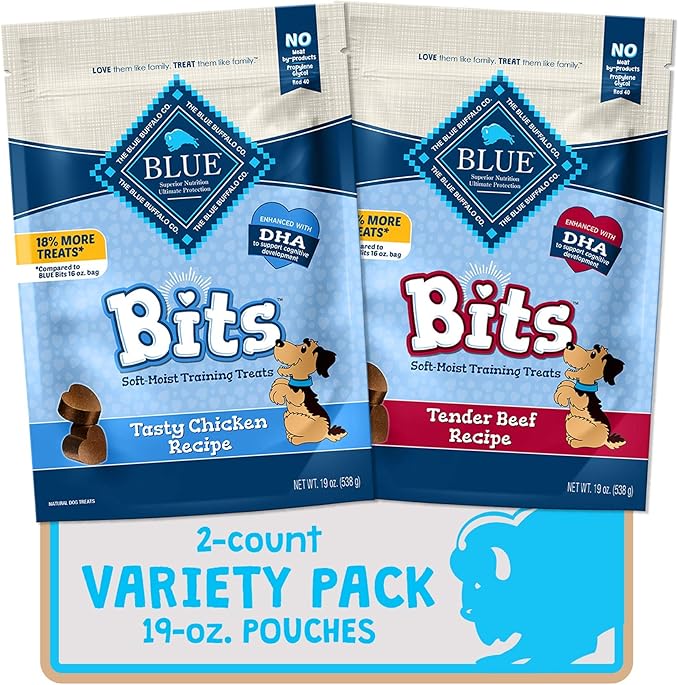 Blue Buffalo Blue Bits Natural Soft-Moist Training Dog Treats, Chicken & Beef Recipes 19-oz Bag Variety Pack, 2 Count