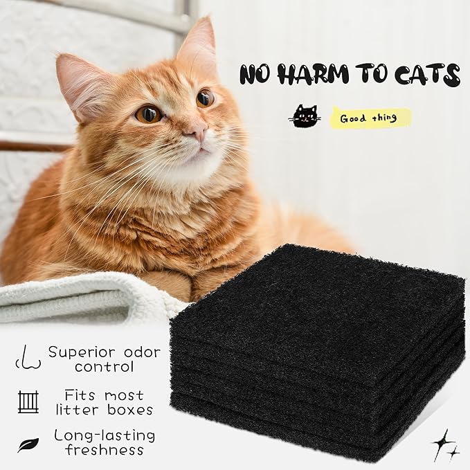 Resinta 6 Pack Cat Litter Box Charcoal Filter 6 x 6.5 Inch Replacement Carbon Odor Filters Activated Carbon Litter Box for Hooded Cat Litter Boxes and Pans, Black