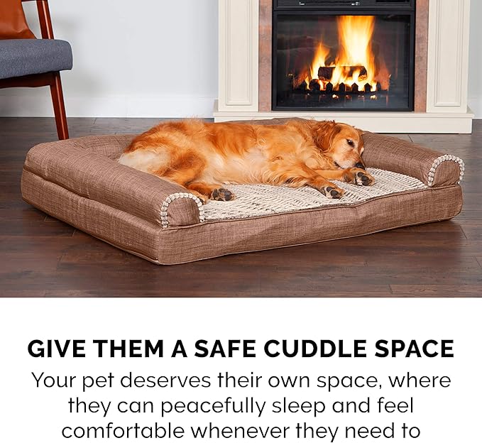 Furhaven Memory Foam Dog Bed for Medium/Small Dogs w/ Removable Bolsters & Washable Cover, For Dogs Up to 35 lbs - Luxe Faux Fur & Performance Linen Sofa - Woodsmoke, Medium