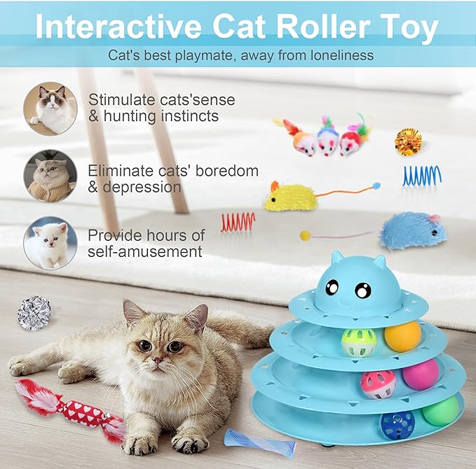 UPSKY 24 PCS Cat Toys, 3-Level Turntable Kitten Toys Set, Interactive Cat Roller Toys for Indoor Cats, Catnip Toys, Cat Teaser Toys, Mice Toys, Spring Toys, Various Ball Toys for Kitty.