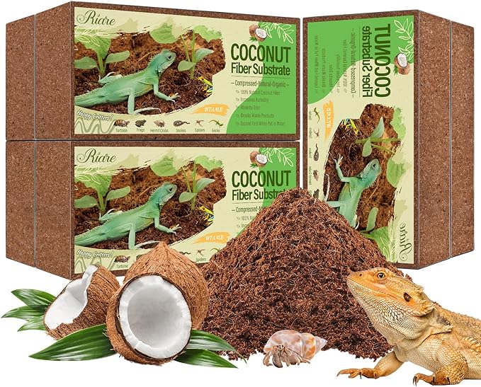 6 Pack Natural Coconut Fiber Substrate for Reptile- Premium Compressed Coconut Husk Terrarium Bedding for Reptile, Tortoise, Frogs, Snakes Hermit Crabs, Burrowing Animals