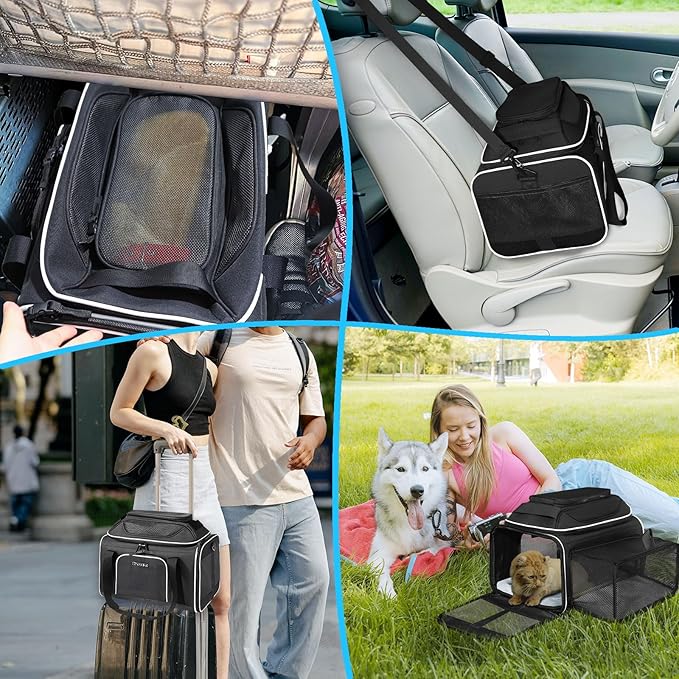 Top and Side Expandable Pet Carrier 17x12x8.5 Inches JetBlue Frontier Spirit Airline Approved, Soft-Sided Carrier for Small Cats and Dogs with Locking Safety Zipper and Anti-Scratch Mesh(Black)