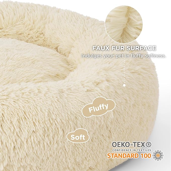 Bedsure Calming Dog Bed for Large Dogs - Donut Washable Large Pet Bed, Anti-Slip Round Fluffy Plush Faux Fur Dog Bed, Fits up to 100 lbs Pets, Oat Milk, 36 inches